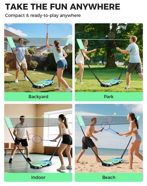Portable Badminton Net Set With Pop Up Design, Complete 4 Racket Pack With Shuttlecocks And Carry Case in various settings