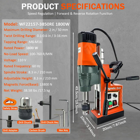 Heavy Duty 1800W Magnetic Drill Press With 2 Inch Boring Diameter Delivers Massive 3102Lbf Pull Force For Industrial Metalworking And Home Improvement Projects Featuring High Speed 760 RPM Electric Drilling Machine specifications image showing model WF22157-3850RE dimensions and accessories.