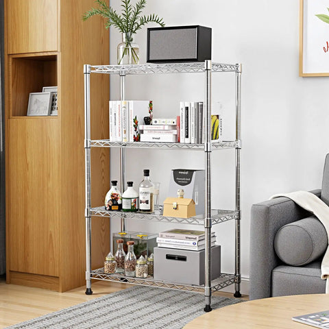 Hella Sturdy Four Tier Storage Shelving Unit With Rock Solid Carbon Steel Build And No Sweat Assembly For Kitchen Office Or Mudroom Holds Heavy Loads Up To 1000 Lbs Nifty Wire Organizer Rack In Clean Chrome Look