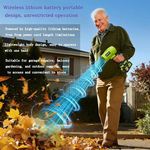 Man using Powerful Cordless Leaf Blower With 21V Battery And Charger to clear leaves in yard, highlighting lightweight design