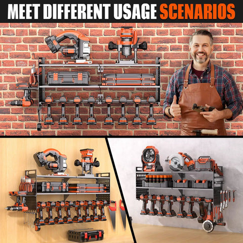 33 Inch Wide Power Tool Organizer Wall Mount Heavy Duty Cordless Tool Rack With 10 Drill Holders, 300 Lb Capacity, in workshop