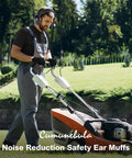 Man using lawn mower wearing Boss Level Noise Reduction Ear Muffs For Shooting And Range Safety, Cushioned Hearing Protection