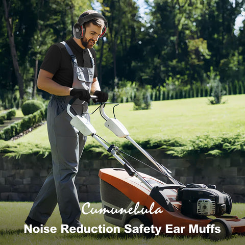 Man using lawn mower wearing Boss Level Noise Reduction Ear Muffs For Shooting And Range Safety, Cushioned Hearing Protection