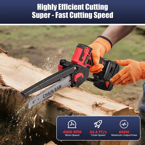 Person using 18V Mini Chainsaw With Auto-Oiler, 8-Inch Brushless Cordless Pruning Saw, 4000 RPM For Cutting Wood and Trimming Trees