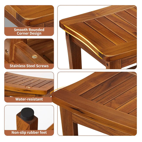 20 Inch Teak Shower Bench Waterproof Wooden Chair For Indoor Use With Shelf Non Slip Bath Stool, corner and features.