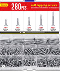Shop Tough Assorted Self Tapping Screws For Metal Sheets And Wood Construction, 280 pcs stainless steel fasteners in a clear case.