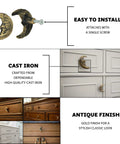 Set Of Six Gold Finish Cast Iron Crescent Moon Face Drawer Pulls For Celestial Decor, installed on cabinet drawers