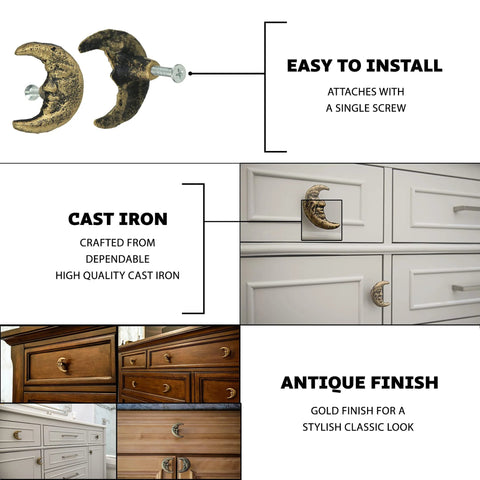 Set Of Six Gold Finish Cast Iron Crescent Moon Face Drawer Pulls For Celestial Decor, installed on cabinet drawers