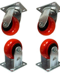 Heavy Duty 5 Inch Polyurethane Caster Set Swivel And Fixed Plate Wheels with red wheels for shop carts and workbenches.