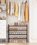 Four Tier Metal Shoe Rack Organizer, 33 Inch Wide With Four Side Hooks, Heavy Duty Shoes Shelf For Closet Front Door Garage Or Dorm, Black Finish, Fits 20 To 25 Pairs, Extra Bottom Storage For Shoes And Kicks installed in a closet.