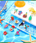 Fresh Tropical Floral Enamel Pins Bulk Set Of Twelve Summer Cartoon Brooch Women Hawaii Lapel Badge on a vibrant pool background.