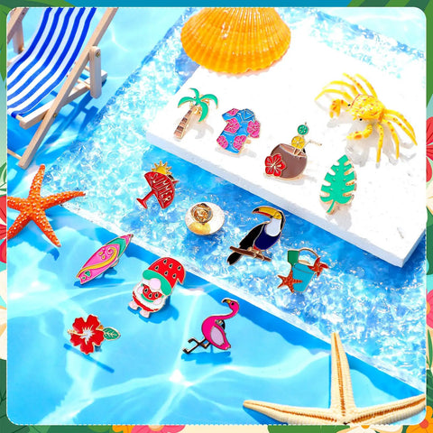 Fresh Tropical Floral Enamel Pins Bulk Set Of Twelve Summer Cartoon Brooch Women Hawaii Lapel Badge on a vibrant pool background.