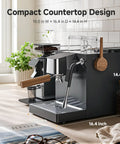 Hassle Free Semi Automatic Espresso Maker With Hands Free Milk Frother For Silky Lattes And Rich Cappuccinos Boasts Rapid Heat Up, 10in wide, compact countertop design.