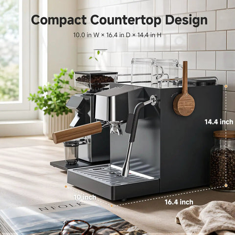 Hassle Free Semi Automatic Espresso Maker With Hands Free Milk Frother For Silky Lattes And Rich Cappuccinos Boasts Rapid Heat Up, 10in wide, compact countertop design.