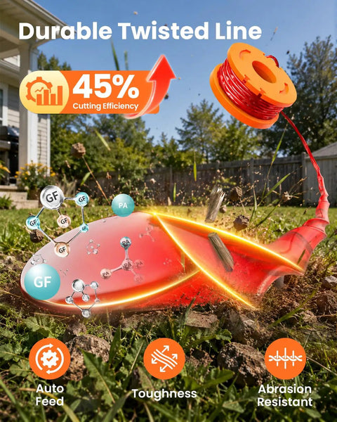 Image showing a durable twisted line from the 15 Pack Trimmer Spool Line Replacement For Weed Eater String Trimmers 0.065 Inch Refills Fits WG Series Models 12 Spools And 3 Caps Easy Install Durable Performance For Fast Lawn Edging, highlighting auto feed, toughness, and abrasion resistance.