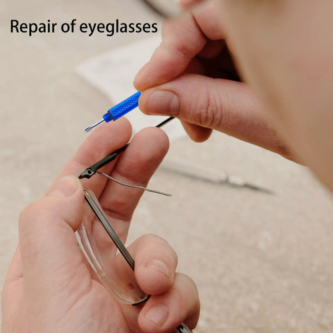 Using 4 Pcs Mini Eyeglass Screwdriver Set 4 In 1 Precision Kit for eyeglass repair, blue handle, close-up shot.