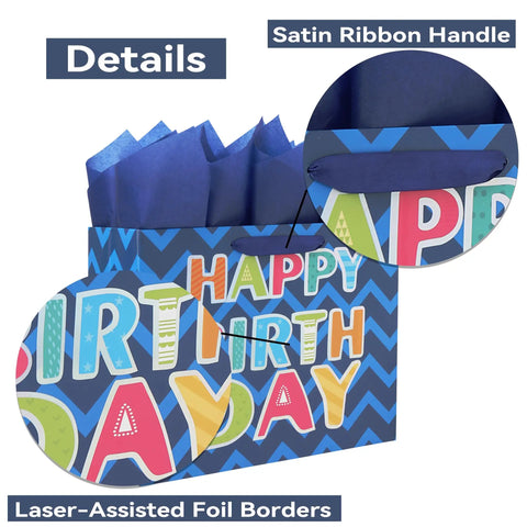 13 Inch Large Blue Gift Bag Set With Greeting Card And White Tissue Papers Laser Foil Happy Birthday For Men And Boys Bday Parties Baby Boy Gift Bag 13 X 5.2 X 10.2 Inches showing front design and handle details