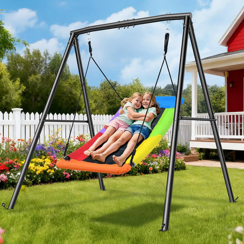 Heavy Duty Backyard Swing Set Built Tough With 440Lb Capacity, Sturdy A Frame Metal Stand, 60 Inch Platform Swing For Outdoor Play