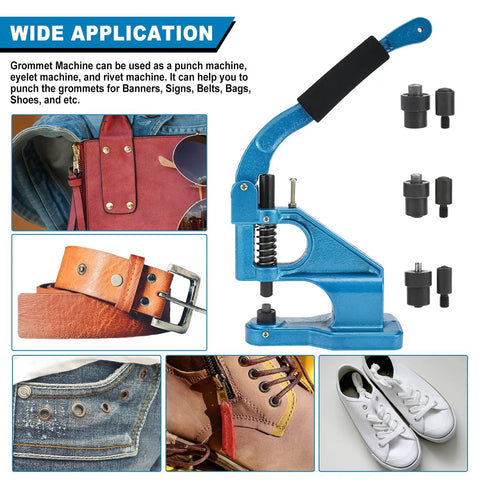 Pro Grade Heavy Duty Hand Press Grommet Machine With Three Dies One Quarter Inch Three Eighths Inch One Half Inch Eyelet Punch Tool Kit Plus 1500 Grommets For Crafting Sewing Sign Making Upholstery in use with leather and shoes shown