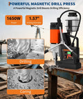 Heavy-Duty 1650W Magnetic Drill Press With One Point Five Seven Inch Boring Diameter And Adjustable Speed Control For Steel, drilling metal with chips.