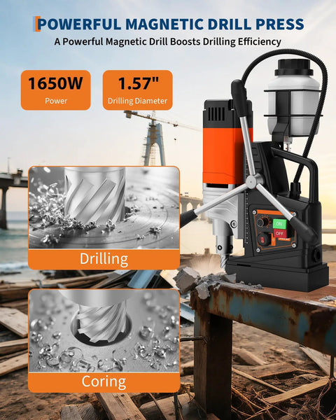 Heavy-Duty 1650W Magnetic Drill Press With One Point Five Seven Inch Boring Diameter And Adjustable Speed Control For Steel, drilling metal with chips.