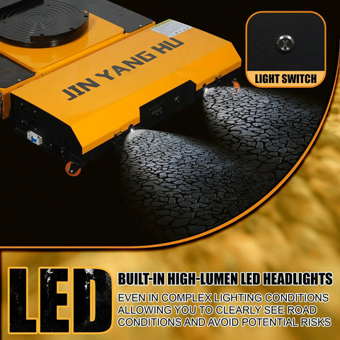 Heavy Duty Electric Skates For Industrial Machine Moving With Dual Straight Aux Wheels, 360° Multi-Ton Cargo Roller Setup For Factory Floors And Shop Work with built-in LED headlights.