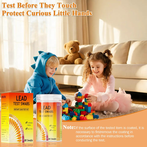 Top Rated Lead Paint Test Kit Featuring 80 Water Activated Swabs for safe testing with kids playing with building blocks.