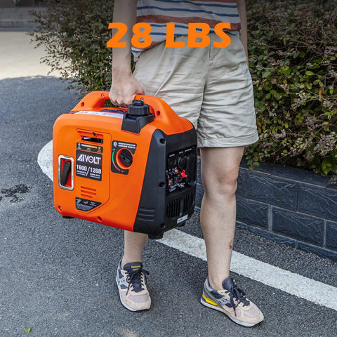Person carrying 28 lbs 1600W Super Quiet Inverter Generator For Camping And Home Use Lightweight Gas Powered Portable Power Source