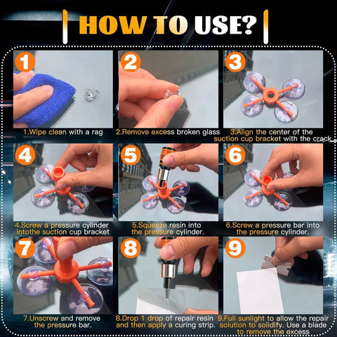 Instructions for using Windshield Chip Repair Kit For Cars And Home Glass With Fast Nano Penetrating Resin Filler, step-by-step guide.