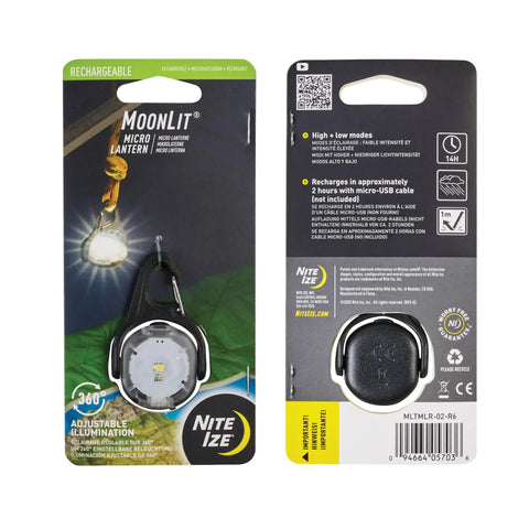 Moonlit Rechargeable Micro Lantern For Camping And Hiking in packaging, compact, weather-resistant, with carabiner clip and USB port