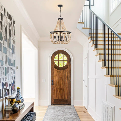 Fab Boho Wooden Bead Chandelier With Large Two Layer Maple Beads 4 Light Farmhouse Pendant Light in a bright entryway