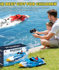 Father and son playing with 12-Inch Remote Control Boat For Kids And Adults, Beast Fast 25 KPH RC Speed Boat in a lake