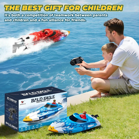 Father and son playing with 12-Inch Remote Control Boat For Kids And Adults, Beast Fast 25 KPH RC Speed Boat in a lake