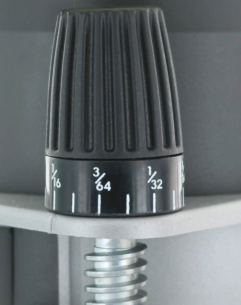 Close-up of adjustment knob on Eight Point Five Amp One And A Half Peak Horsepower Fixed Base Corded Router For Precision Woodworking and Cabinetry R1631K