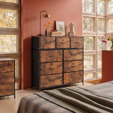 Top Drawer Tall Fabric Dresser For Bedroom Storage Packed With Nine Deep Foldable Drawers Rustic Brown A Clutch Space Saver Chest Of Drawers For Fresh Living Spaces