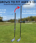 Adjustable Length Kids Golf Club Set For Ages Five To Twelve With Easy Launch Driver And Hybrid Irons on green field