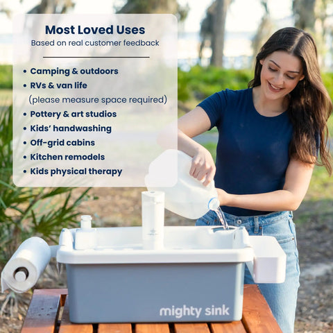 Real Deal Portable Sink With Genuine Running Water For Camping Van Life Outdoor Vendor Booths And Home Remodels Zero Hassle Setup Instant Sink Action Smooth On The Fly Hygiene Station in use outdoors.