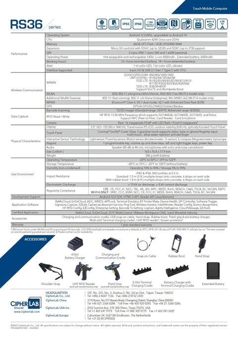 Product specifications and accessories of RS36 Android 12 Touch Mobile Computer With 2D Imager Barcode Scanner And UPC Reader NFC HF RFID And Easy UHF RFID Add On WiFi 6 And Bluetooth 5 1 GPS Hot Swap Battery For Warehouse Scanning Pro Grade.