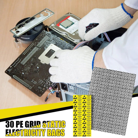 Person handling motherboard with Bulk 30 Pack Extra Large 40x60 Cm ESD Anti Static Bags With Labels Open Top Shielding visible.