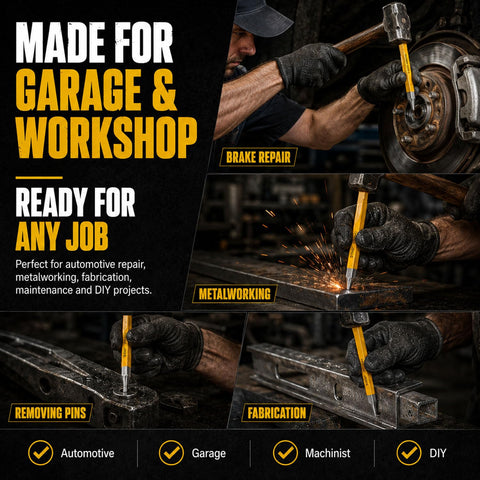Garage and workshop with 12 Piece Punch and Chisel Set Built Tough With Heat Treated CR-V Steel Tools Including Pin Punches Center Punch and Cold Chisels in a Durable Storage Case for Automotive Repair and Metalworking.