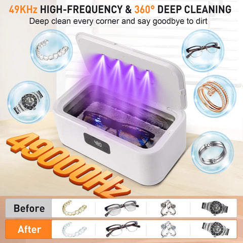 Ultrasonic Jewelry Cleaner Pro 28oz 800ml 49KHz Deep Clean for Jewelry Dentures Retainers Glasses Rings Watches and Straps with open lid