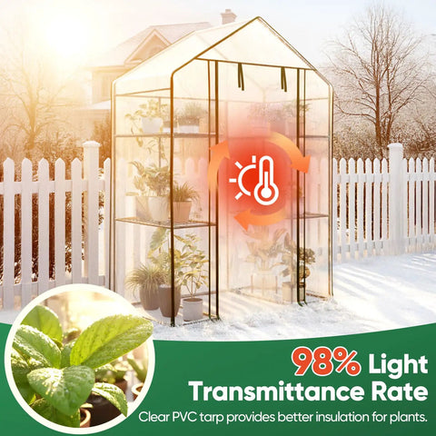 Walk In Outdoor Greenhouse 56 x 29 x 77 Inch Portable Garden Hot House Kit with clear plastic cover, plants, and winter setting