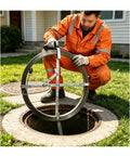 Professional using Hardcore Manganese Steel Drain Auger Tape for yanking out gnarly pipe clogs at a sewer line.