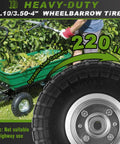 Flat Free Ten Inch Rugged Solid Rubber Wheel Set with 220 lbs load capacity used on wheelbarrow in garden, not for highway use.