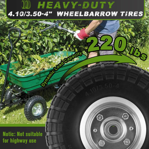 Flat Free Ten Inch Rugged Solid Rubber Wheel Set with 220 lbs load capacity used on wheelbarrow in garden, not for highway use.