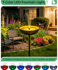 Metal Bird Bath With Solar Fountain, 13 Inch Bowl And 6.3 Inch Solar Pump, Battery And LED Lights in garden at night