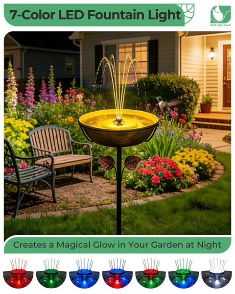Metal Bird Bath With Solar Fountain, 13 Inch Bowl And 6.3 Inch Solar Pump, Battery And LED Lights in garden at night