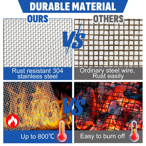 Comparison of Heavy Duty 20 Mesh 304 Stainless Steel Wire Screen Roll and ordinary steel wire, showing rust and heat resistance.