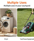 Heavy Duty 10 Foot 3 Prong Dryer Extension Cord With 30 Amp 10 Gauge Copper Wire And Nema 10 30 Connectors Built Tough For Hassle Free Laundry Setup In Matte Black near a washing machine and lawn mower.