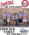 Group of people standing against a brick wall wearing gray shirts, with text 'Thank You! For Your Order! From Our Family to Yours!'